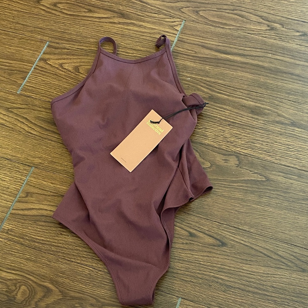 Medium Girlfriend Collective Plum Halter Thong Bodysuit